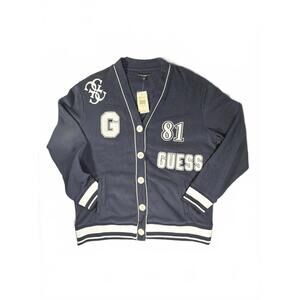 NWT Guess Noele Boucle Varsity Cardigan Jacket in Daring Ocean Navy ($108) Large